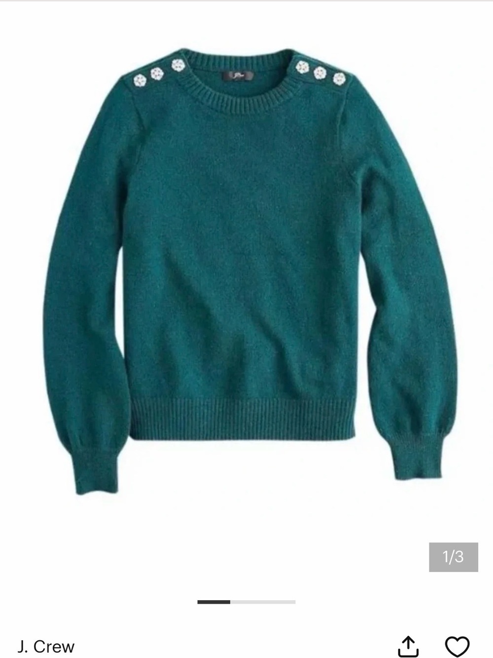 J. Crew green Crewneck Sweater with Jeweled Shoulder